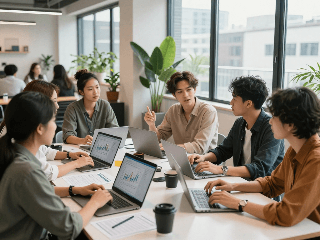Networking professionals collaborating on XPAY33 australia strategies in modern co-working space.