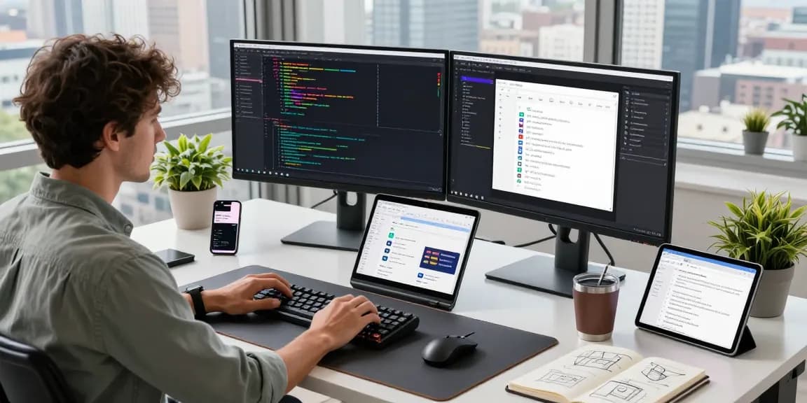 Developer using AI code generator in a tech workspace with dual monitors and application design tools.