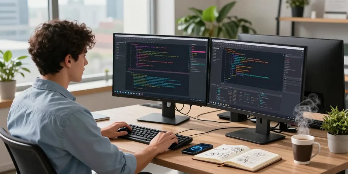 Developer coding WhatsApp下載 on dual monitors in a modern workspace with city views