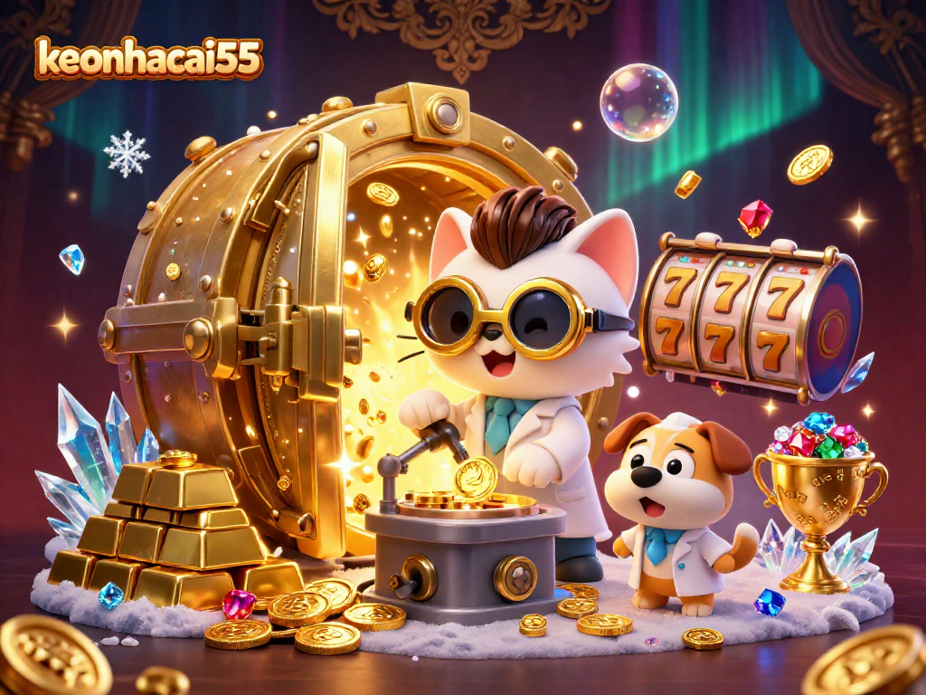 Experience big wins with keonhacai55, a whimsical 3D illustration of a mad scientist cat and dog amid riches.