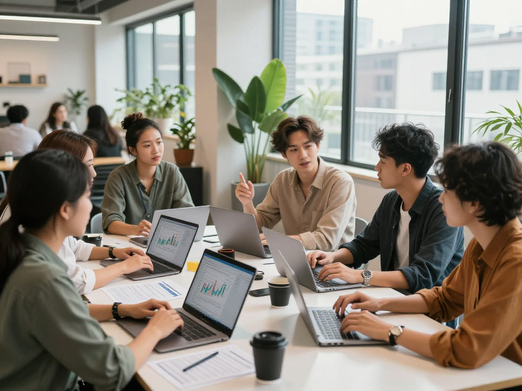 Networking professionals collaborating on XPAY33 australia strategies in modern co-working space.