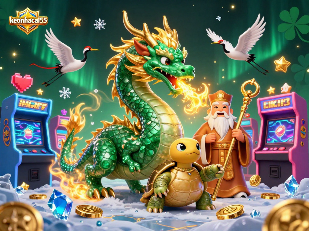 Engage with keonhacai55 through a vibrant 3D casino illustration featuring a jade dragon, turtle sage, and lucky cranes.