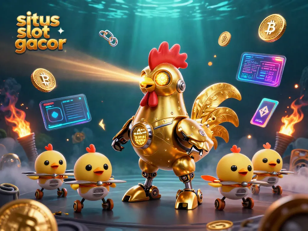 Experience the colorful action of situs slot gacor with a dynamic scene of a golden rooster robot and drones amidst glowing crypto elements.
