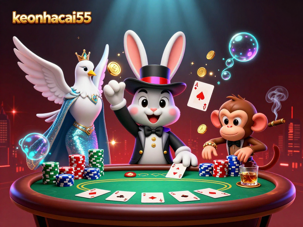 Experience exciting gameplay with keonhacai55, where a magician rabbit reveals golden coins at a dynamic poker scene.