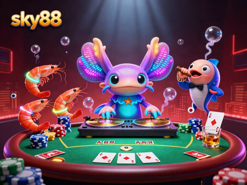 Spin to win with Sky88's vibrant casino scene featuring a lively axolotl DJ and poker action.