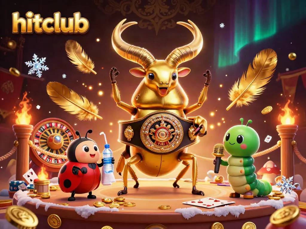 Experience the vibrant action of hitclub with a giant beetle boxing champion surrounded by casino elements and dynamic characters.
