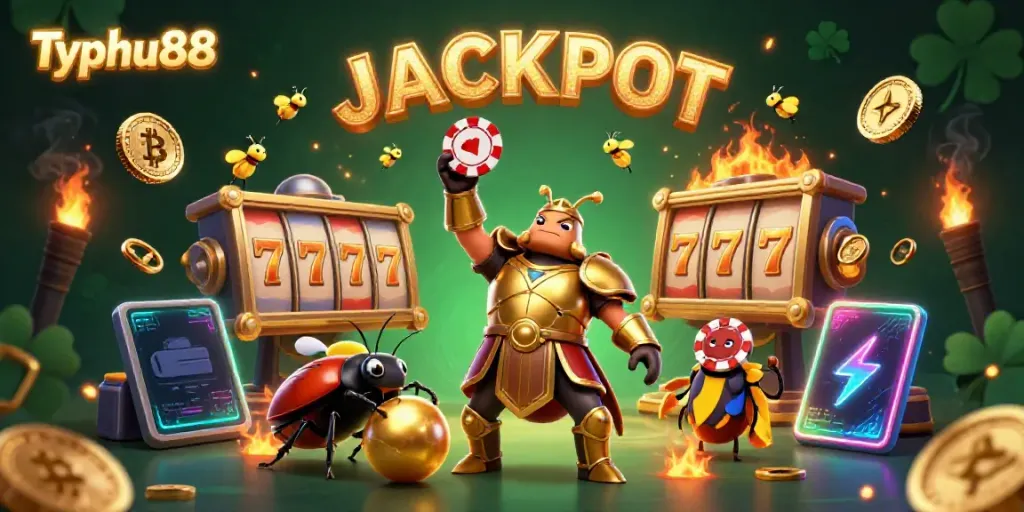Engage with Typhu88's dynamic gambling world featuring vibrant 3D cartoon beetles celebrating a jackpot.