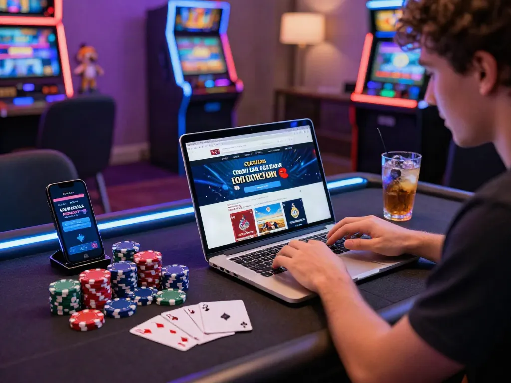Excited player engaging with credit card casinos on a laptop, vibrant gaming atmosphere.