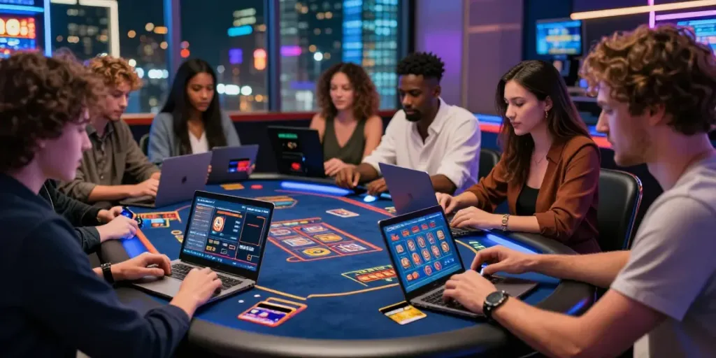 Engaging scene of players enjoying online credit card casinos at a vibrant gaming table, illuminated by digital displays.