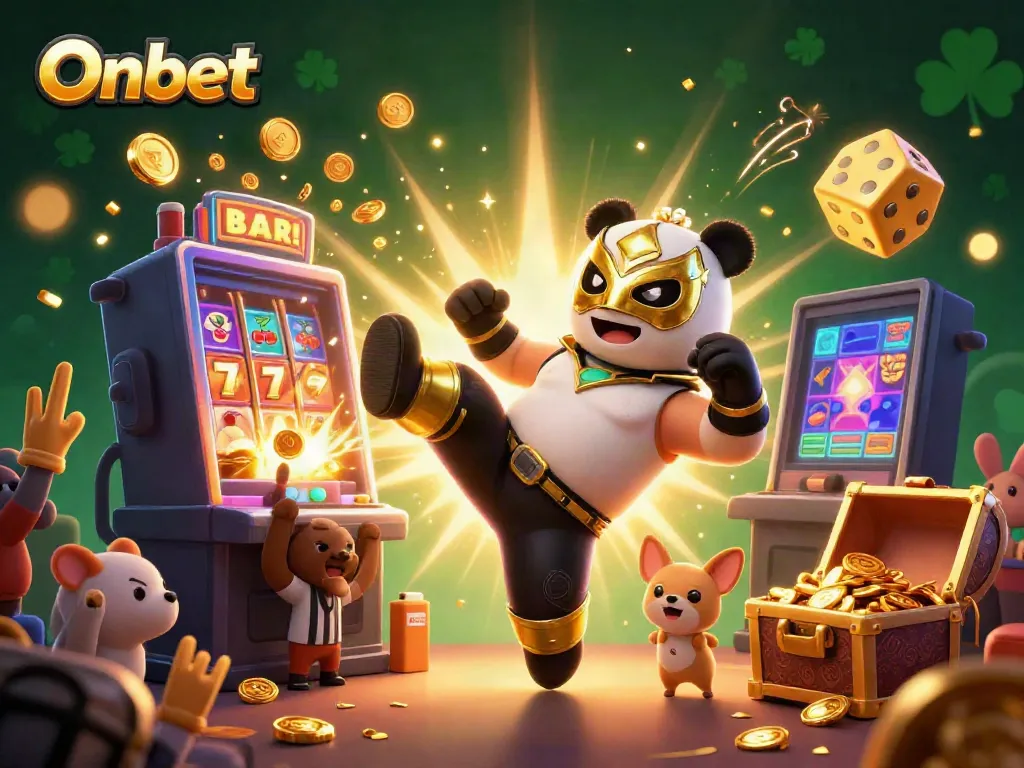 Onbet's exciting scene featuring a panda wrestler and chihuahua referee amidst a casino jackpot explosion.