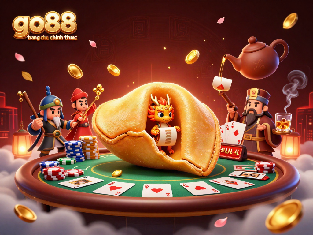 Experience the excitement of go88 trang chu chinh thuc with a rich casino illustration showcasing fortune cookies and poker elements.