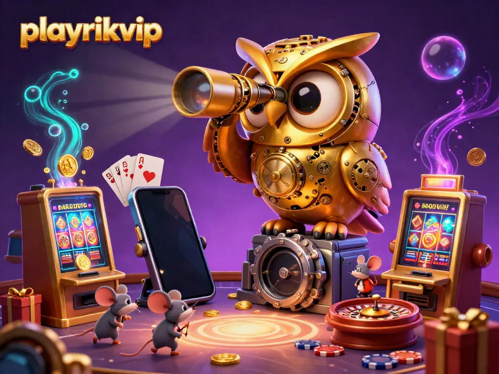 Experience playrikvip's vibrant casino energy with a 3D owl and golden coins erupting from a smartphone.
