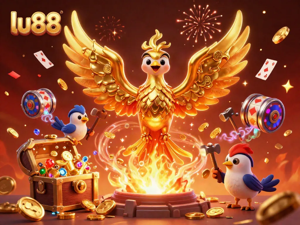 Experience thrilling gameplay at lu88 with a vibrant phoenix and gold coins symbolizing winning opportunities.