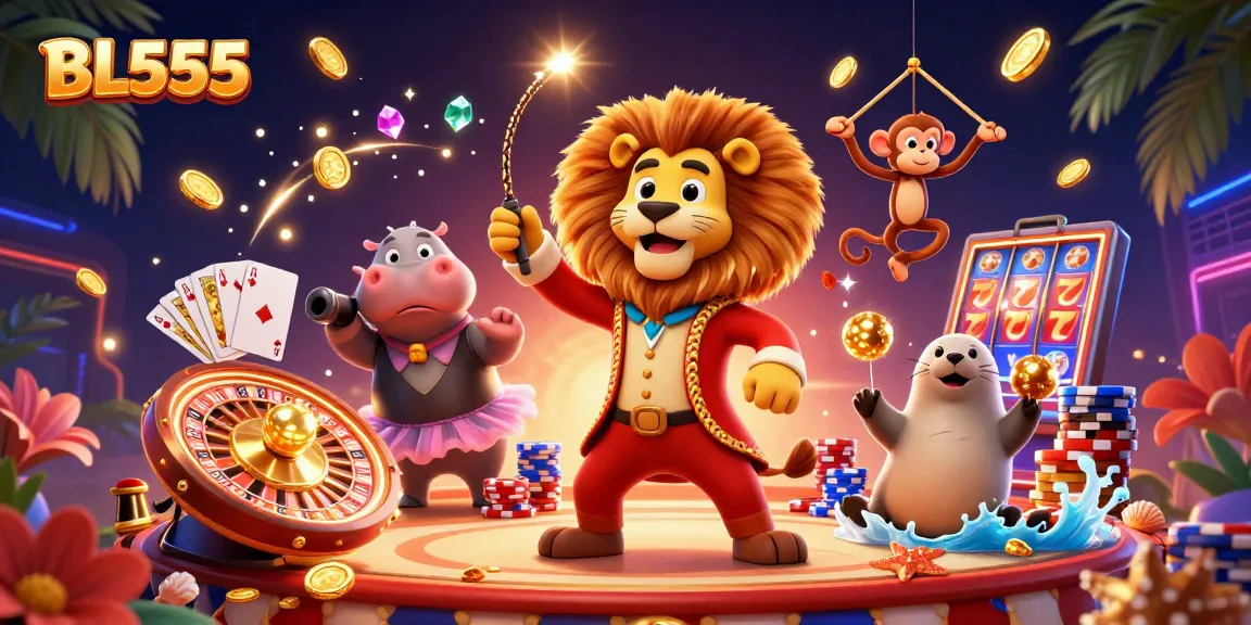Engage in high-stakes fun with BL555, featuring lively circus characters and golden casino elements.