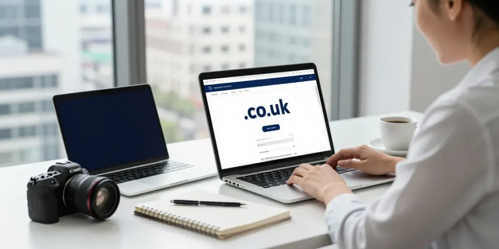 Buy .co.uk domain with professional choosing the right name at a modern workspace.