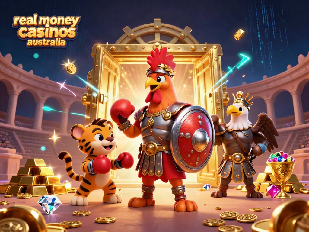 Experience the thrill of real money casinos Australia with vibrant gaming elements and engaging characters.