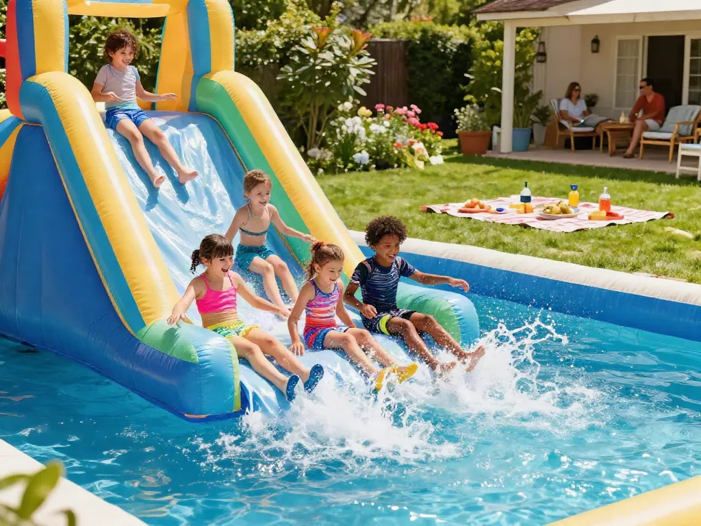 Children having fun sliding in the water on an inflatable water slide during a sunny backyard party.