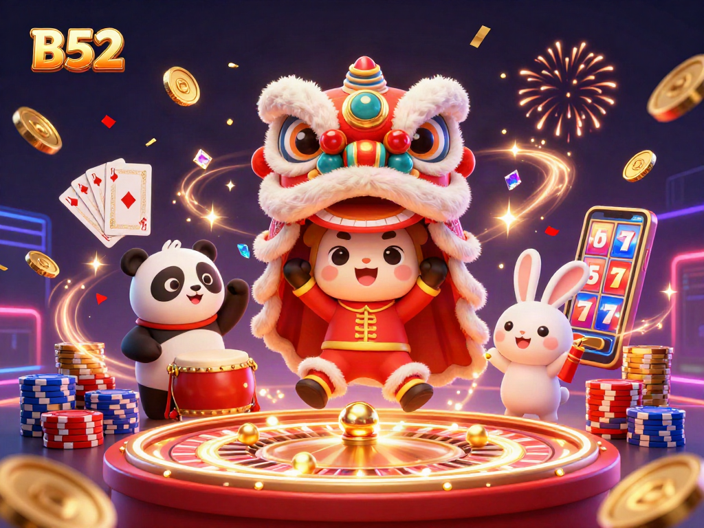 The B52 casino celebration showcases a vibrant lion dance and drumming panda amidst sparkling gems.