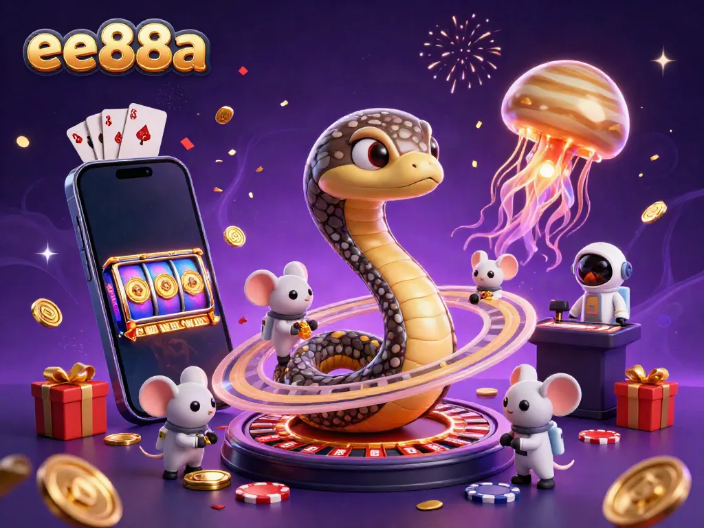 Engage with the ee88a universe where astronauts make bets on a cosmic roulette wheel amidst vibrant casino elements.