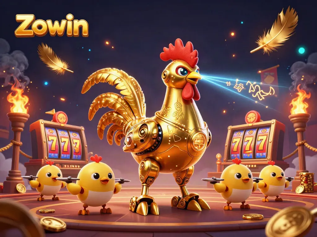 Zowin's exciting robot-themed casino scene showcasing vibrant games and rewards