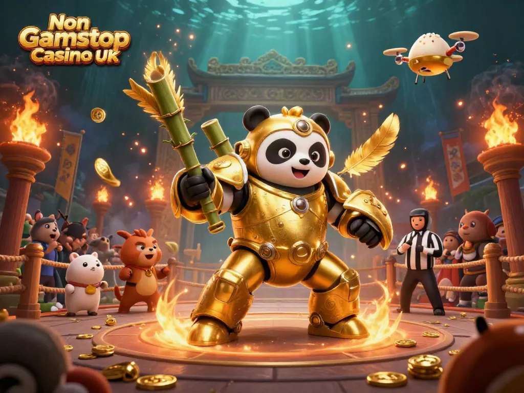 Experience the excitement of Non Gamstop Casino UK with a dynamic 3D illustration featuring a golden panda and casino elements.
