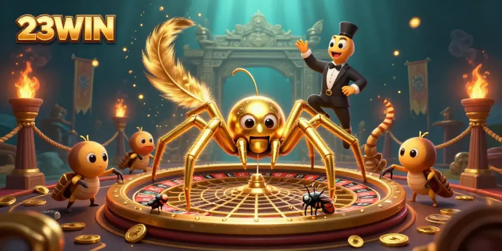 23WIN engages excitement in this 3D colorful casino scene filled with a golden spider, fly, and centipede.