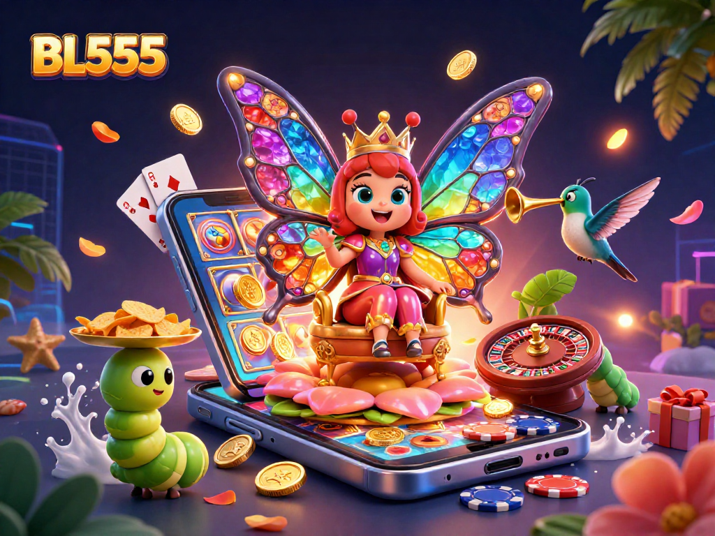 BL555 presents a vibrant 3D illustration showcasing a butterfly queen in a casino theme, delivering thrilling moments.