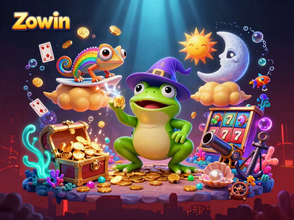 Zowin showcases a magical casino scene with golden coin storms, vibrant characters, and immersive game elements.