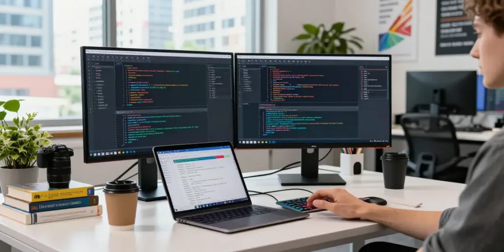Web developer engaged in instant indexing coding at a modern workspace.