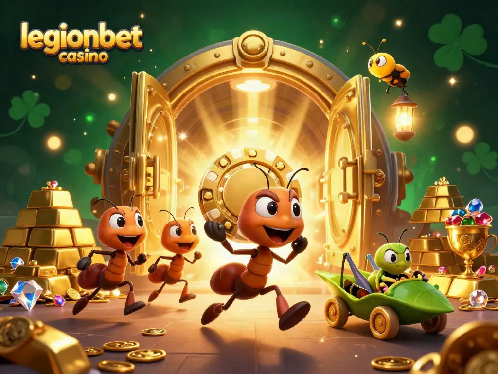 Ants carrying giant poker chip in legionbet casino heist scene with vibrant treasures