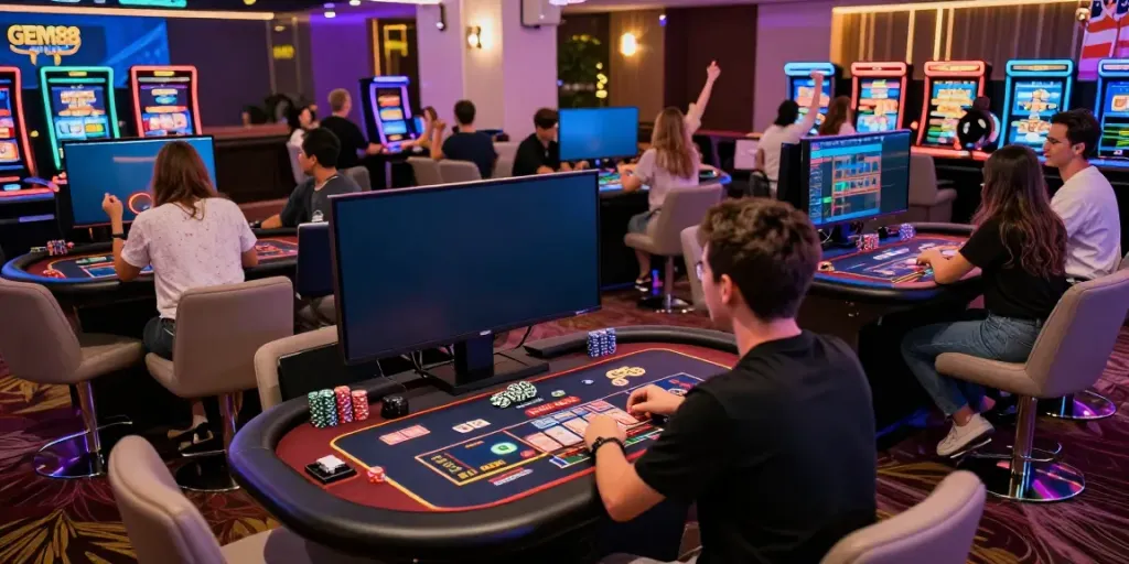 Players experiencing the excitement of GEM88 online casino with engaging games and vibrant atmosphere.