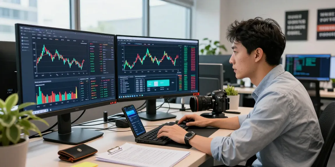 Traders using kyber-swap on multiple screens in a vibrant exchange office.