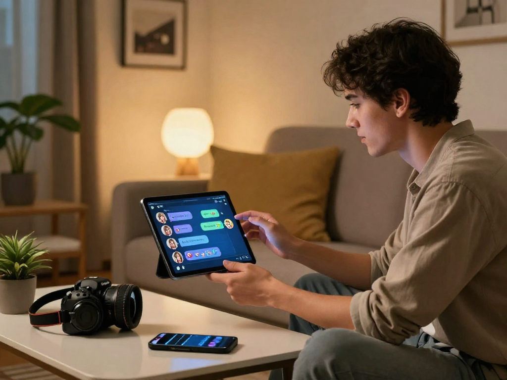 Experience ai sex chat vividly in a cozy digital space filled with tech gadgets and vibrant interaction.