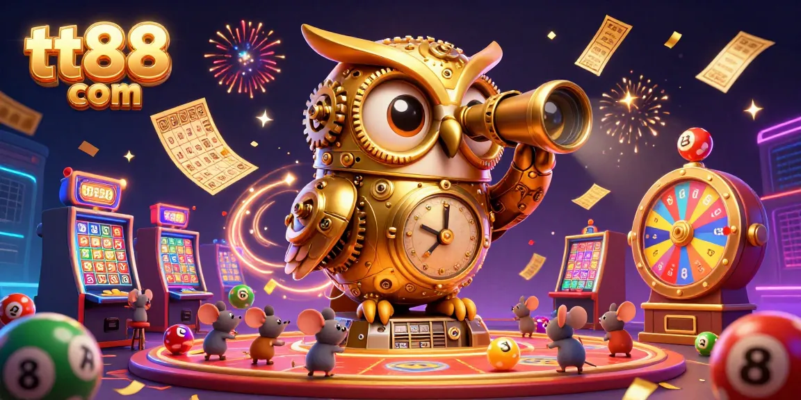 Experience the thrilling world of tt88 com with a dynamic 3D illustration of a casino scene filled with vibrant game elements.
