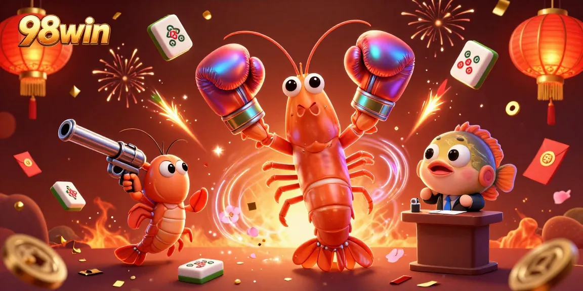 Experience the excitement of gaming at 98win with vibrant casino elements and animated characters.
