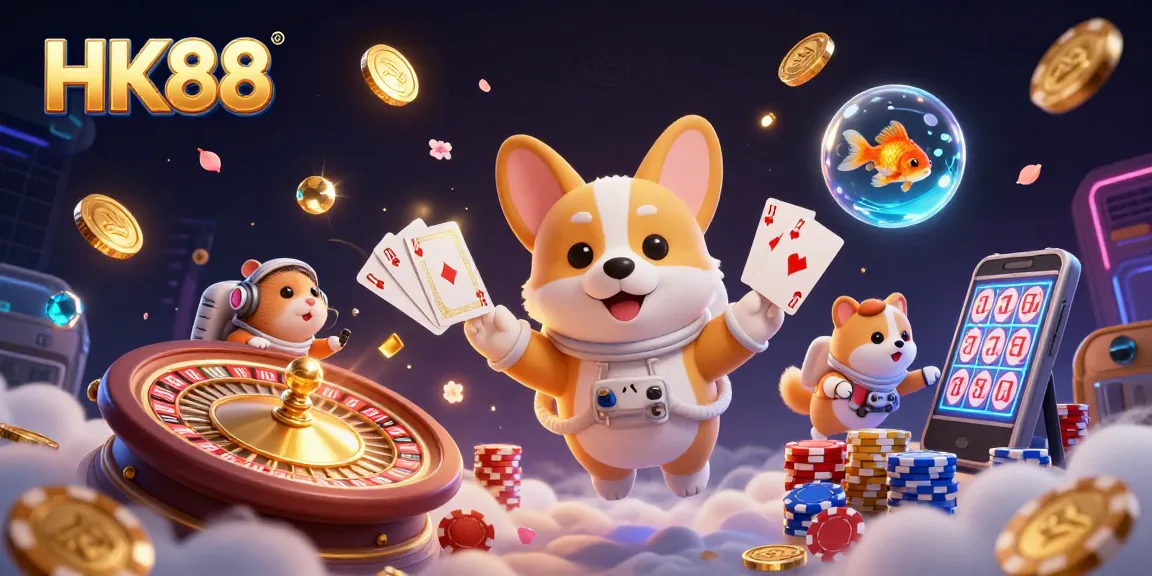 Experience thrilling gaming at HK88 with a 3D astronaut corgi floating in a vibrant space casino.