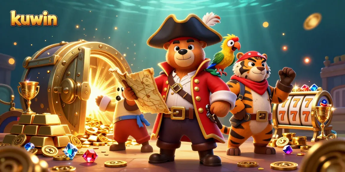 Kuwin showcases an exciting casino scene with a pirate bear, tiger, and treasures as they spin slot reels.