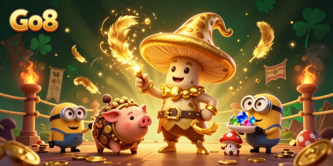 Engage in thrilling casino magic with Go8's golden wizard, treasure-sniffing pig, and vibrant game elements.
