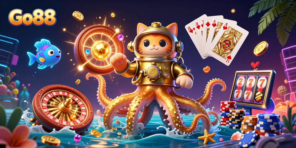 Engage with Go88's thrilling casino world featuring a kraken, diving cat, and dazzling game elements.