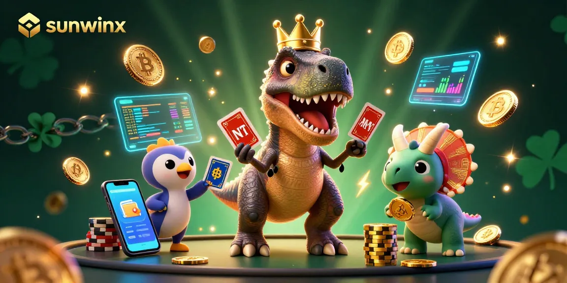 Engage with the sunwinx experience as a T-Rex shuffles cards under neon casino lights in a vibrant atmosphere.