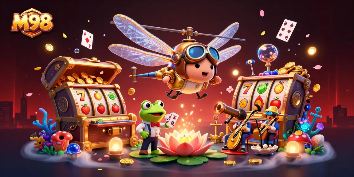 M98 captures the excitement of a vibrant casino scene featuring a dragonfly pilot, frog dealer, and jazz cricket musicians.