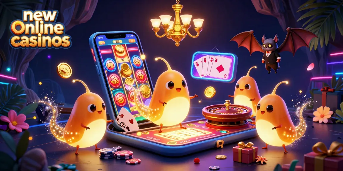 Engage in new online casinos with fun glowworms amid vibrant slot games and energetic casino elements.
